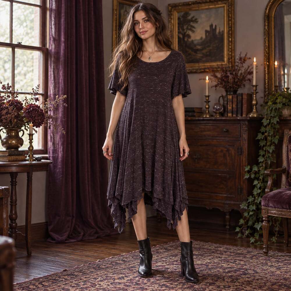 Dolan Handkerchief Swing Dress Sz M Whimsigoth Lagenlook Brown Speckled Artsy